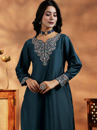 Teal Blue Embroidered Vichitra Suit Set