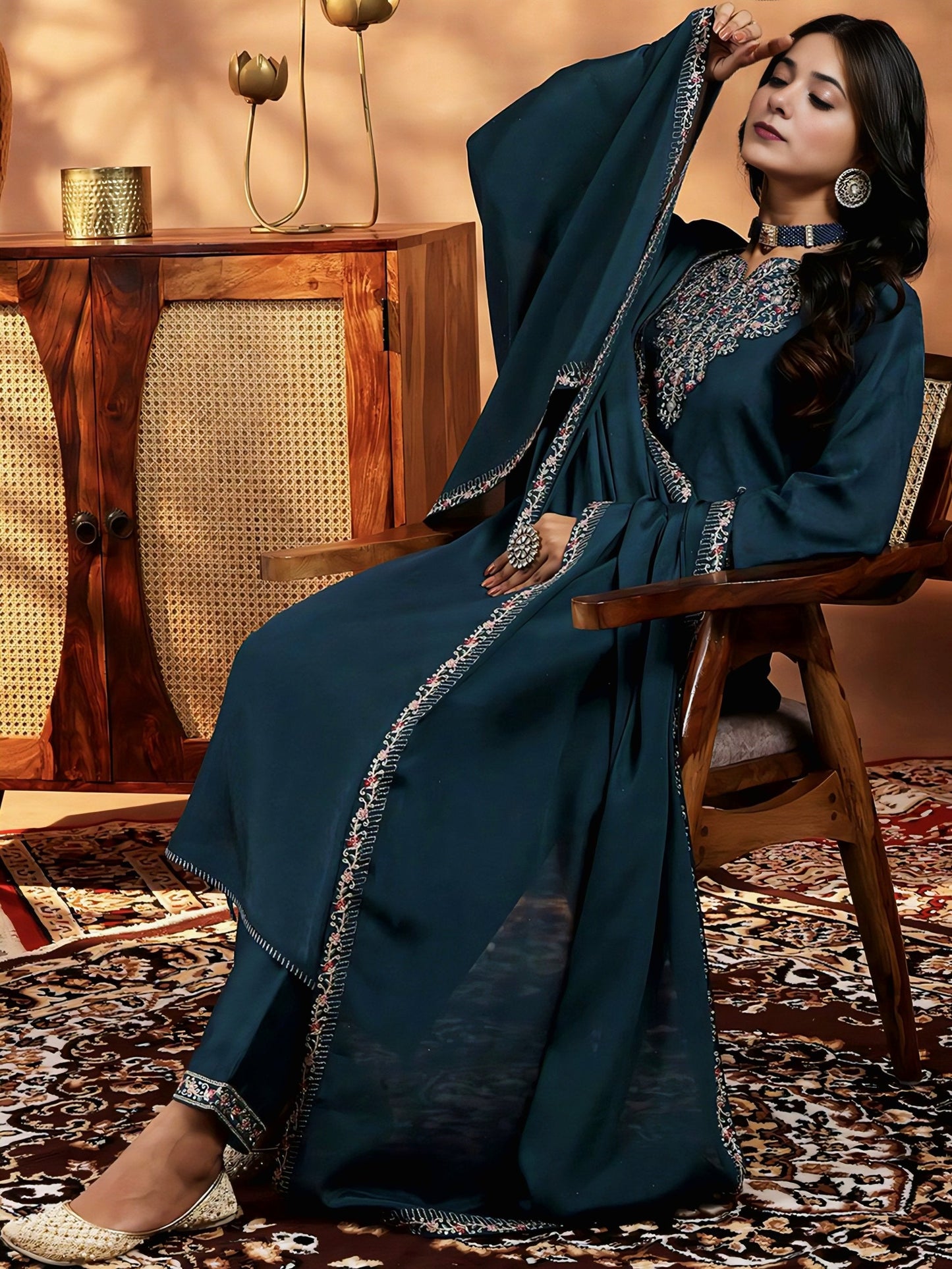 Teal Blue Embroidered Vichitra Suit Set