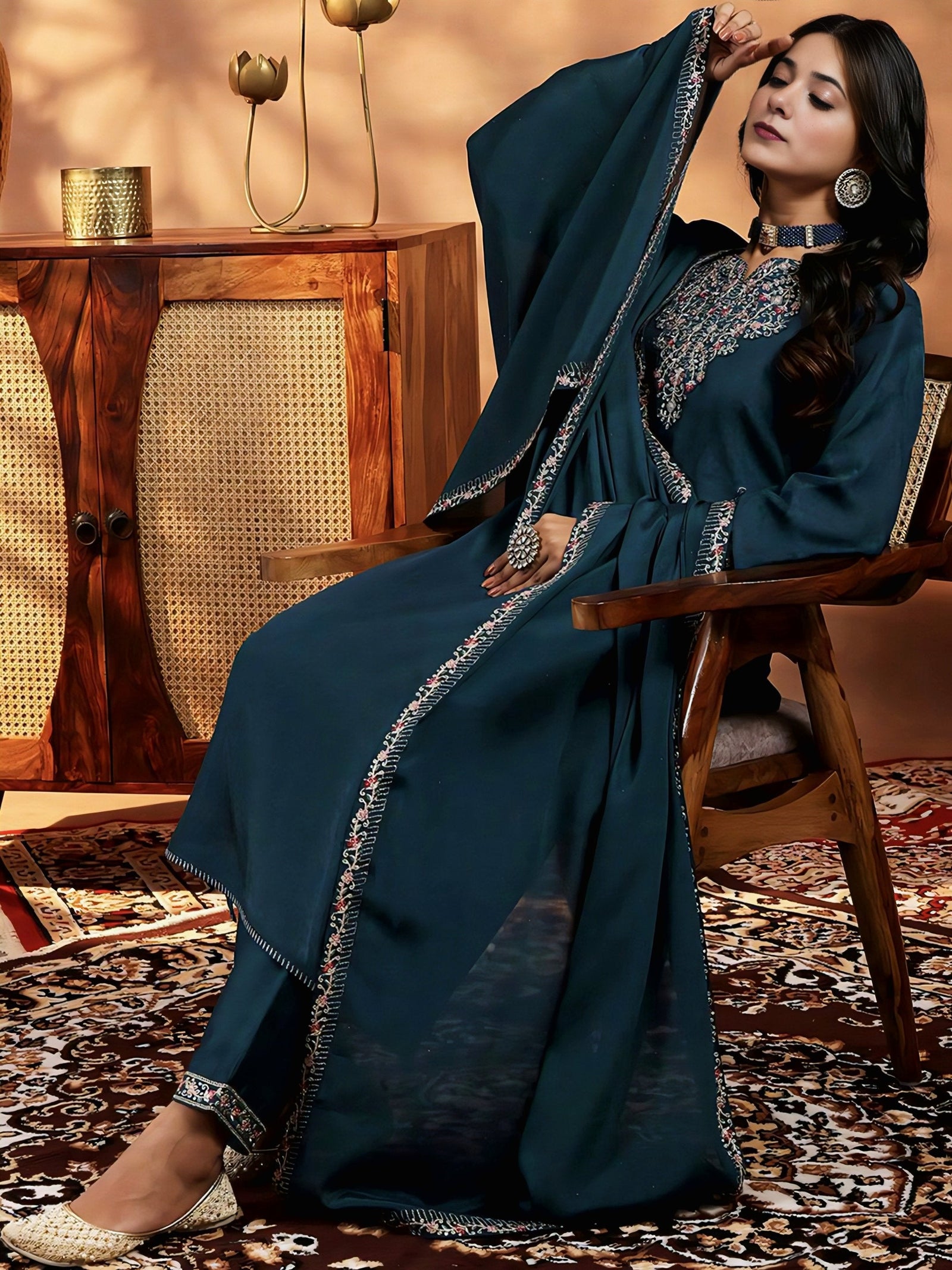 Teal Blue Embroidered Vichitra Suit Set