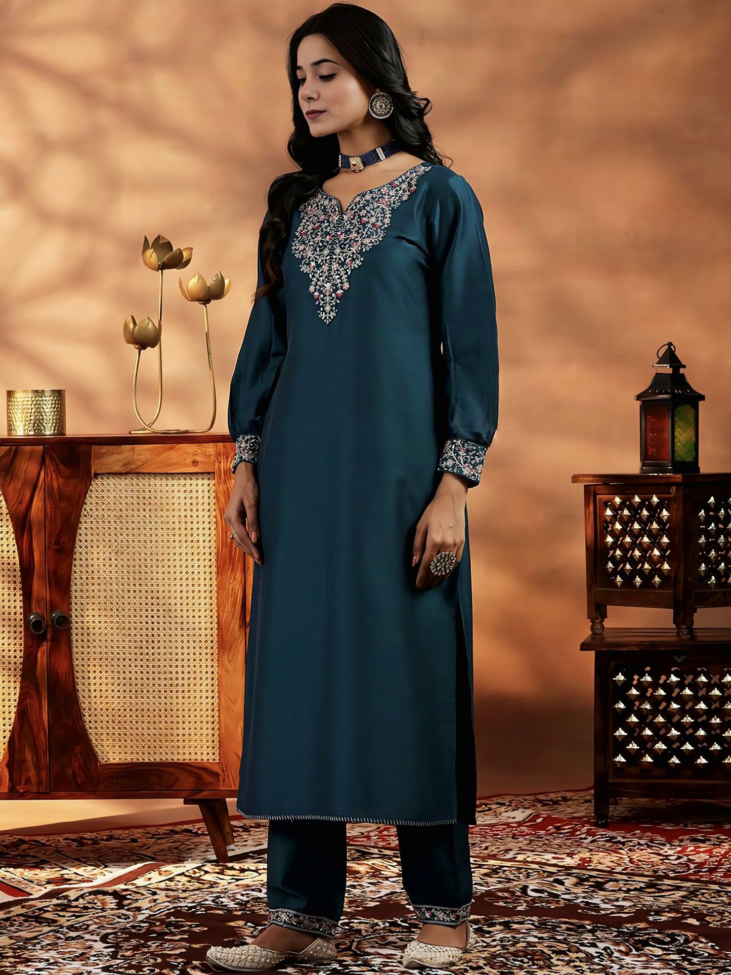 Teal Blue Embroidered Vichitra Suit Set