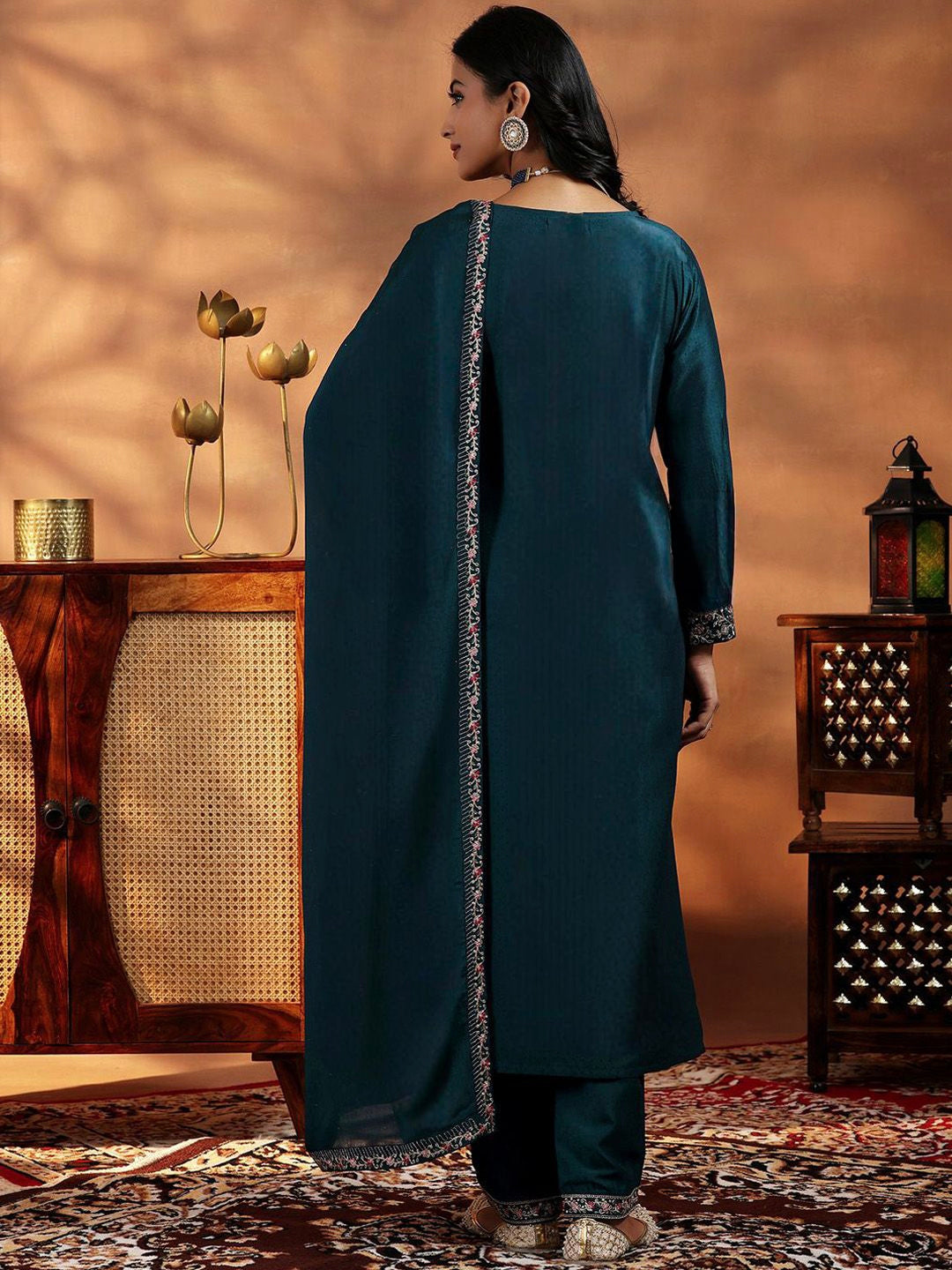 Teal Blue Embroidered Vichitra Suit Set