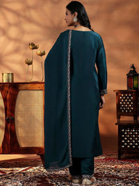Teal Blue Embroidered Vichitra Suit Set