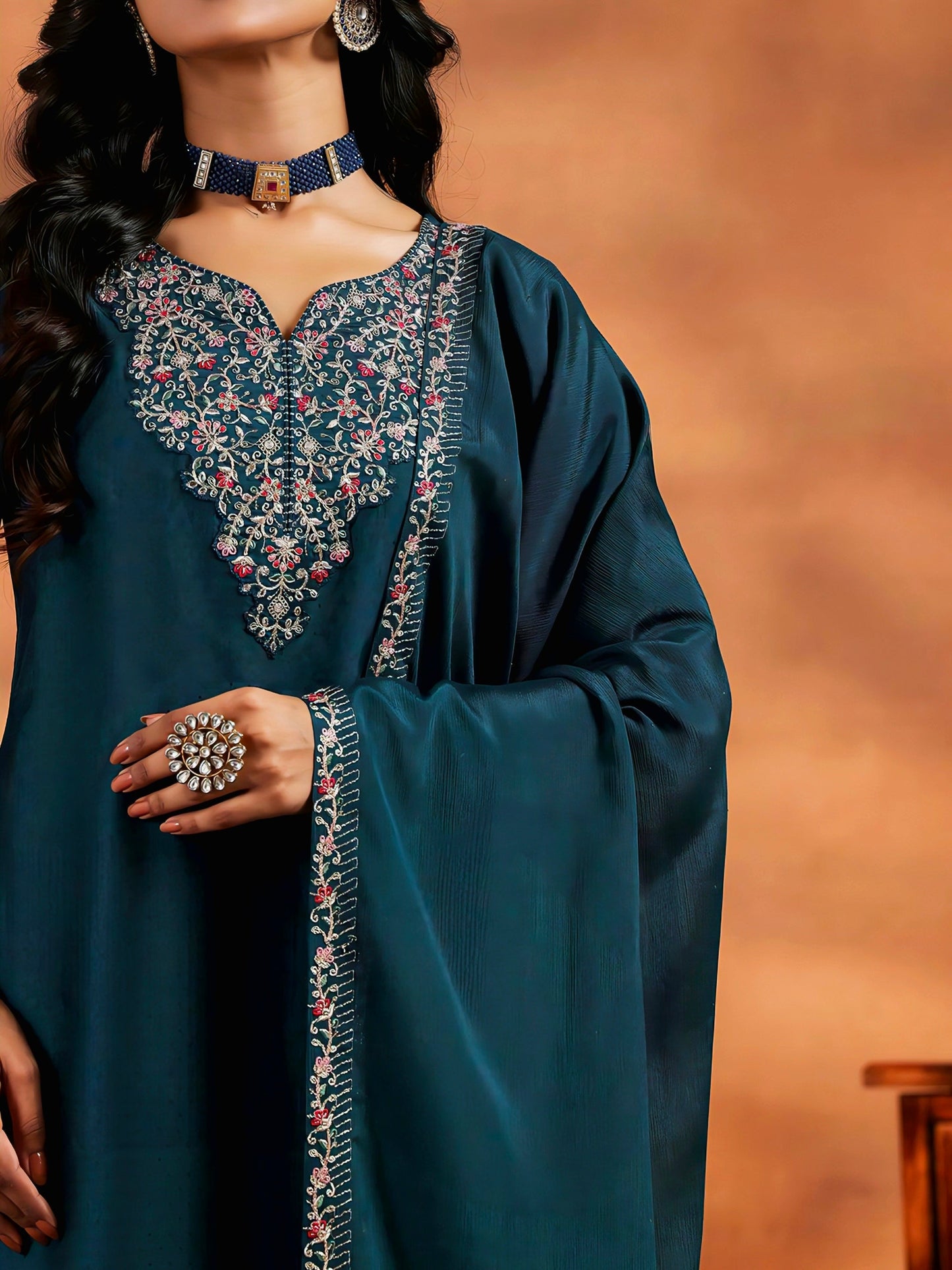 Teal Blue Embroidered Vichitra Suit Set
