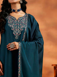 Teal Blue Embroidered Vichitra Suit Set