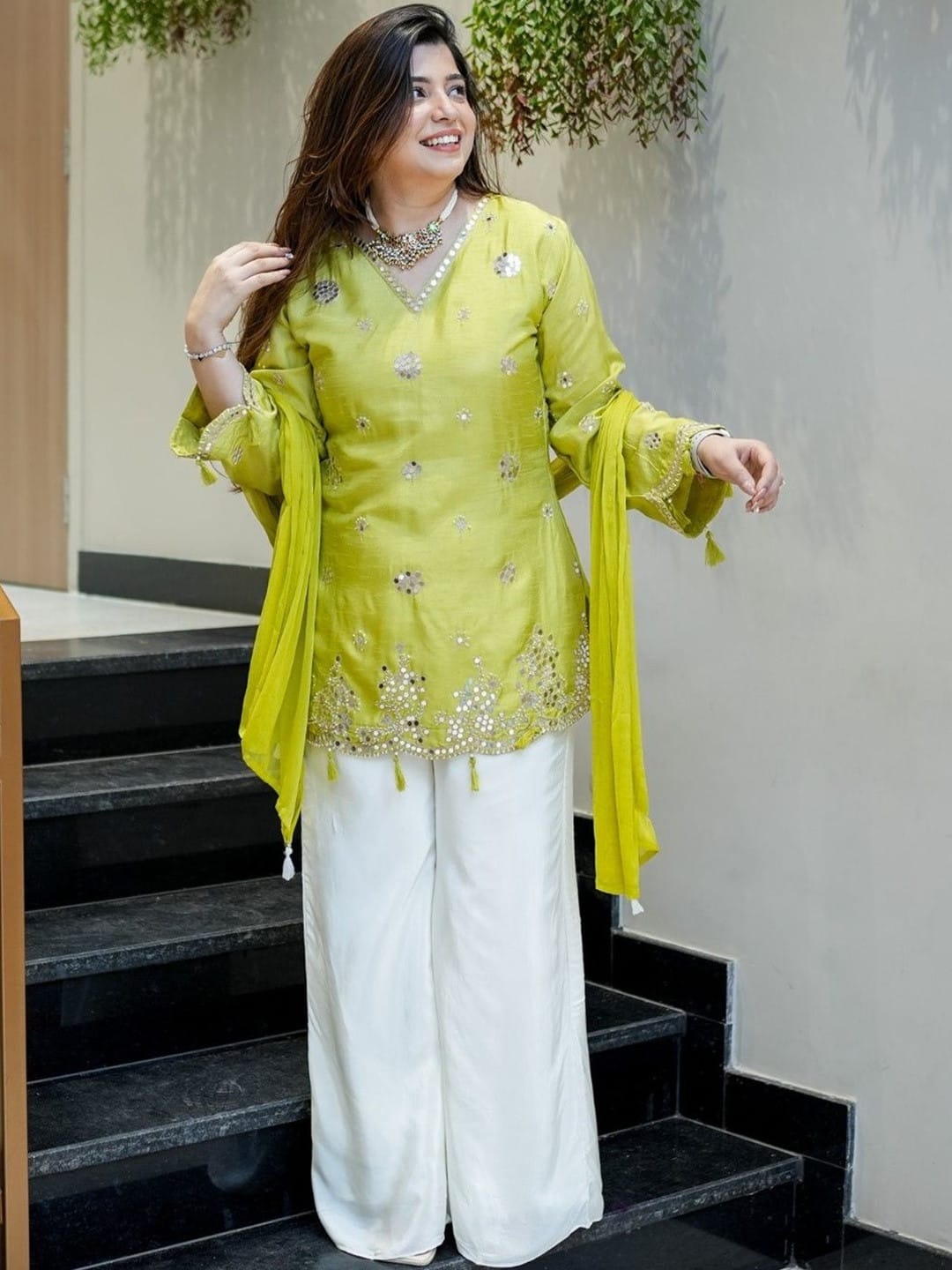Lemon Yellow Embroidered Silk Suit Set