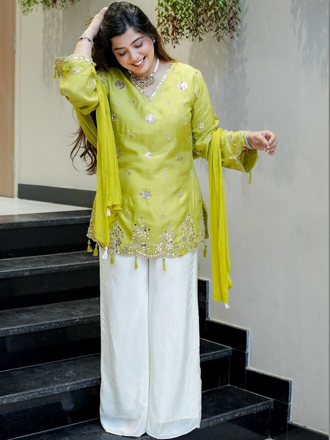 Lemon Yellow Embroidered Silk Suit Set