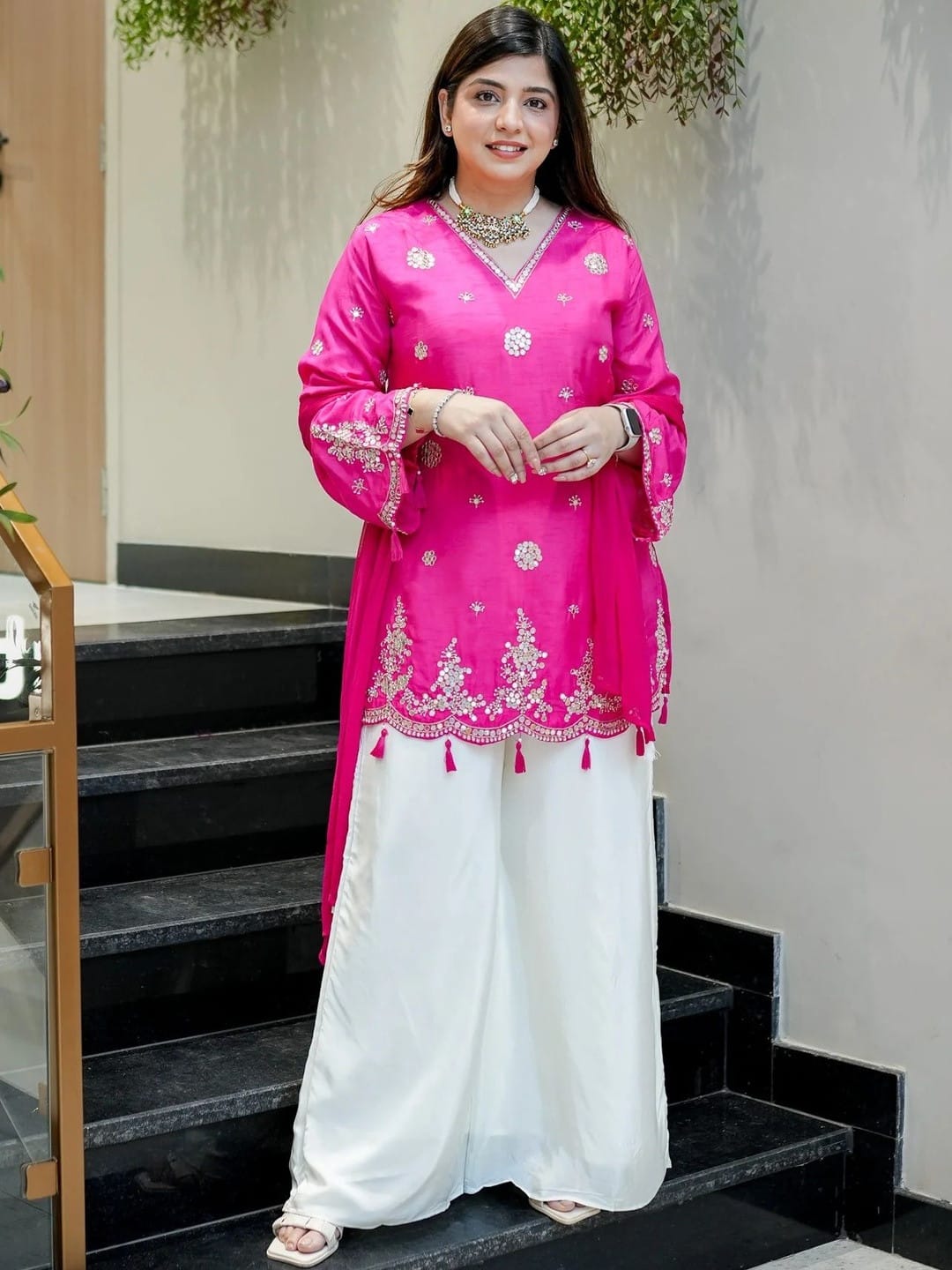 Pink Embroidered Silk Suit Set