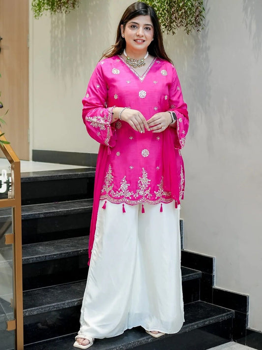 Pink Embroidered Silk Suit Set