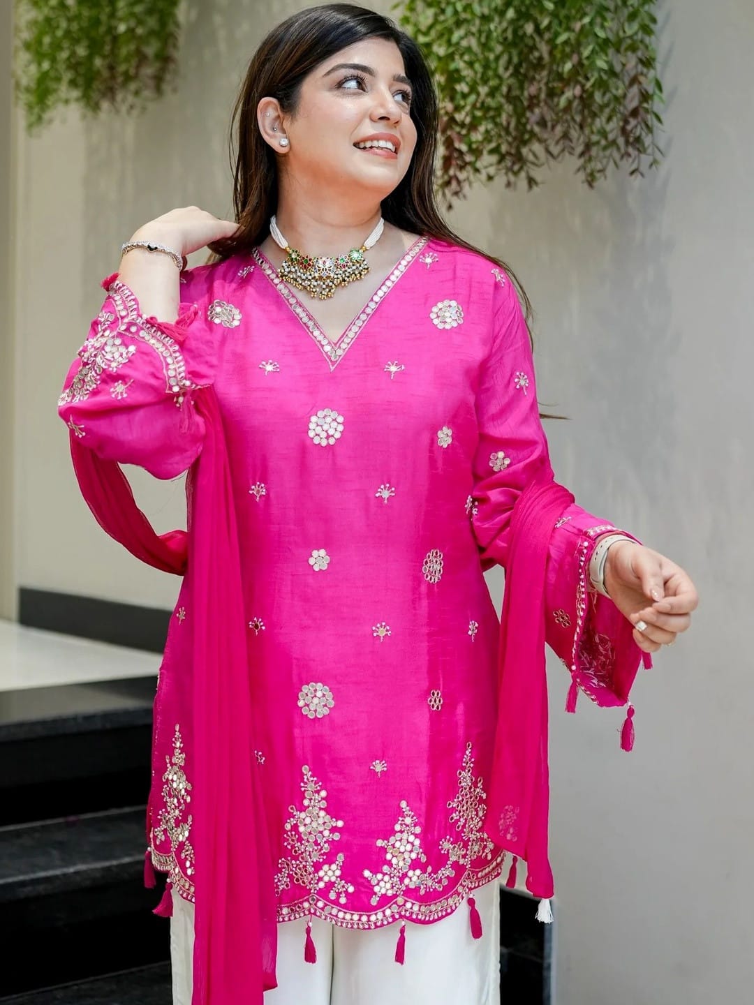 Pink Embroidered Silk Suit Set