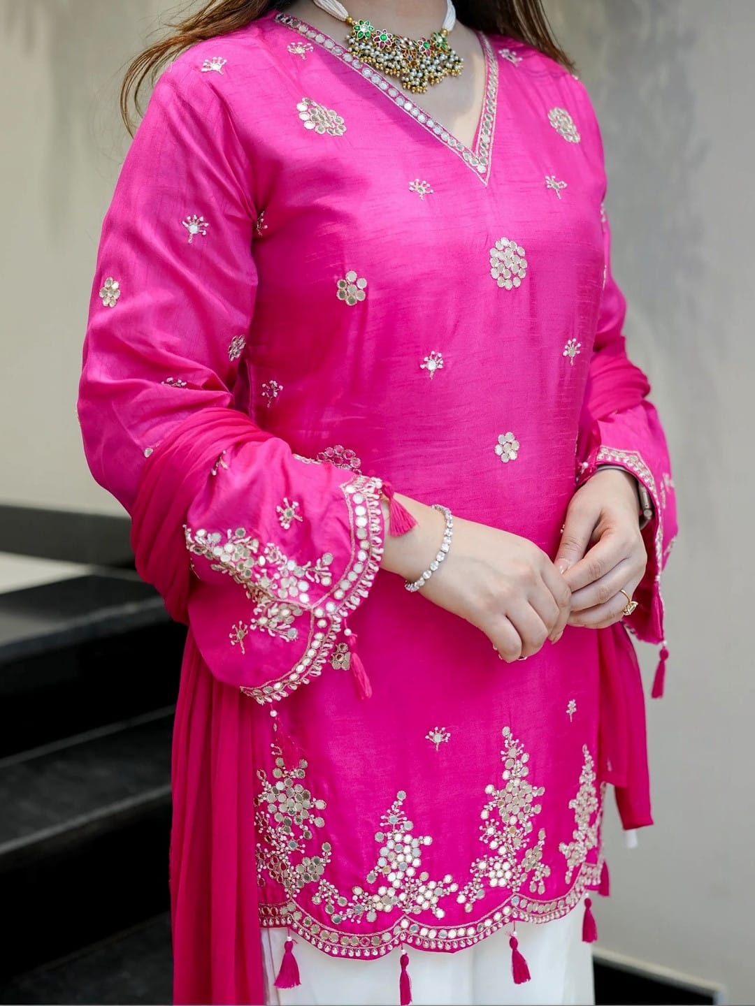 Pink Embroidered Silk Suit Set