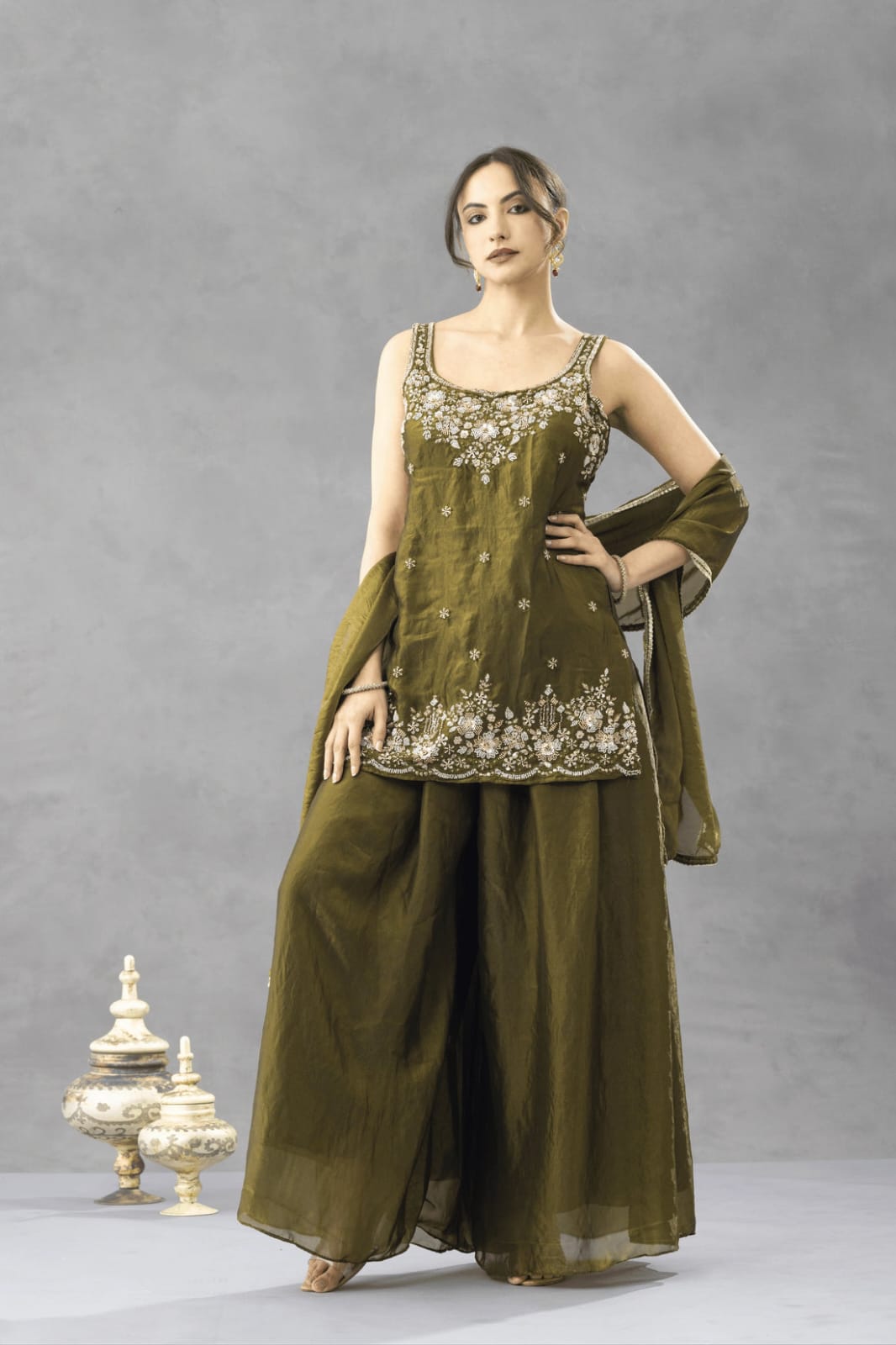 Mehndi Green Embroidered Sharara Set