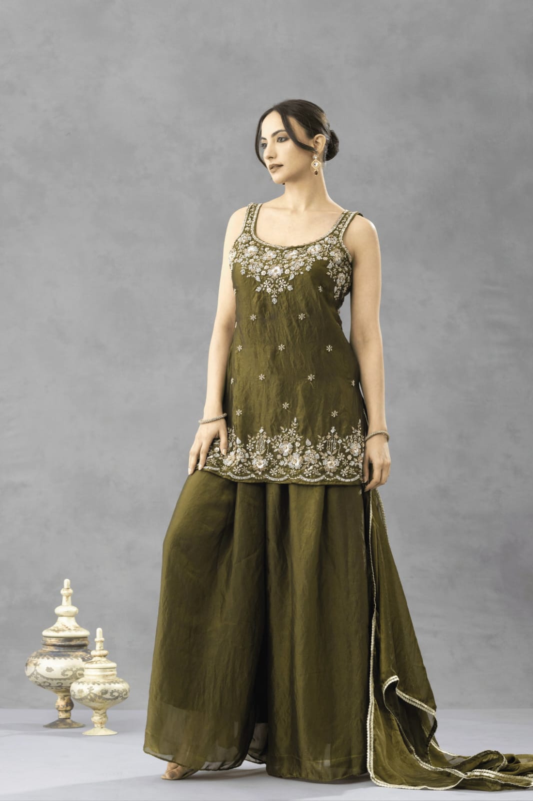 Mehndi Green Embroidered Sharara Set