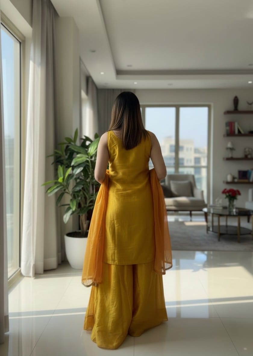 Mustard Yellow Embroidered Sharara Set