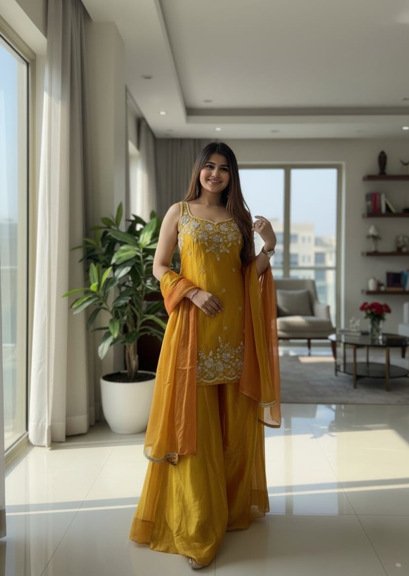 Mustard Yellow Embroidered Sharara Set