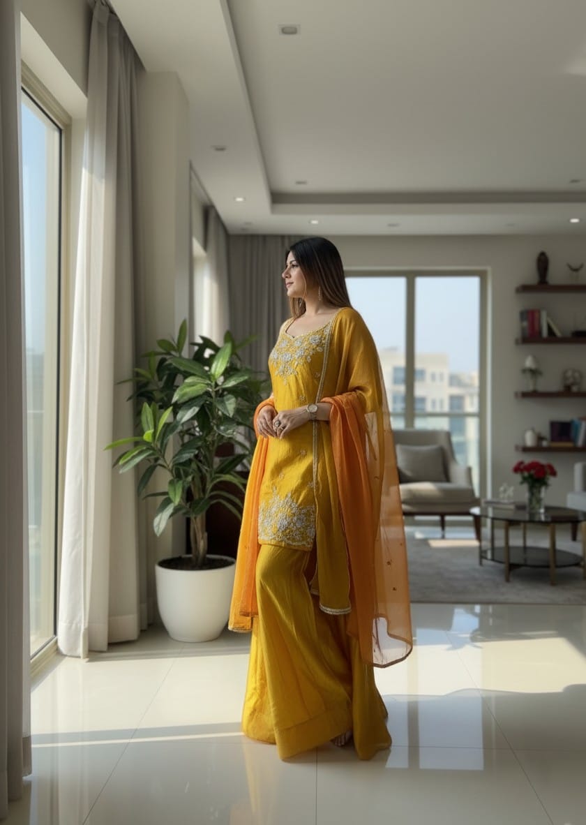 Mustard Yellow Embroidered Sharara Set