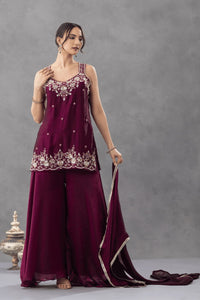 Wine Embroidered Sharara Set