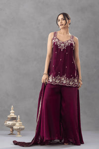 Wine Embroidered Sharara Set