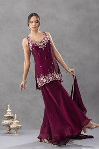 Wine Embroidered Sharara Set