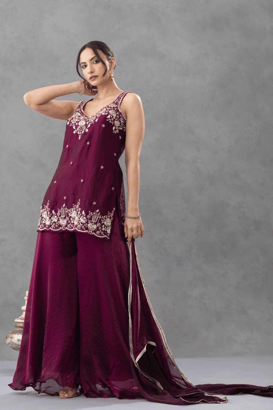 Wine Embroidered Sharara Set