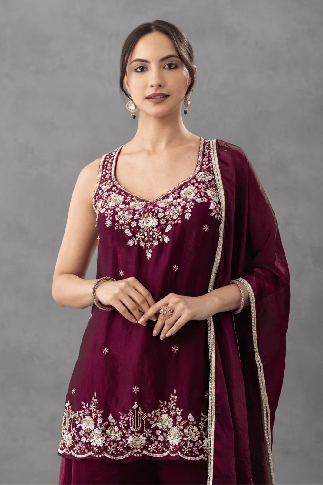 Wine Embroidered Sharara Set