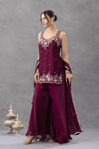 Wine Embroidered Sharara Set