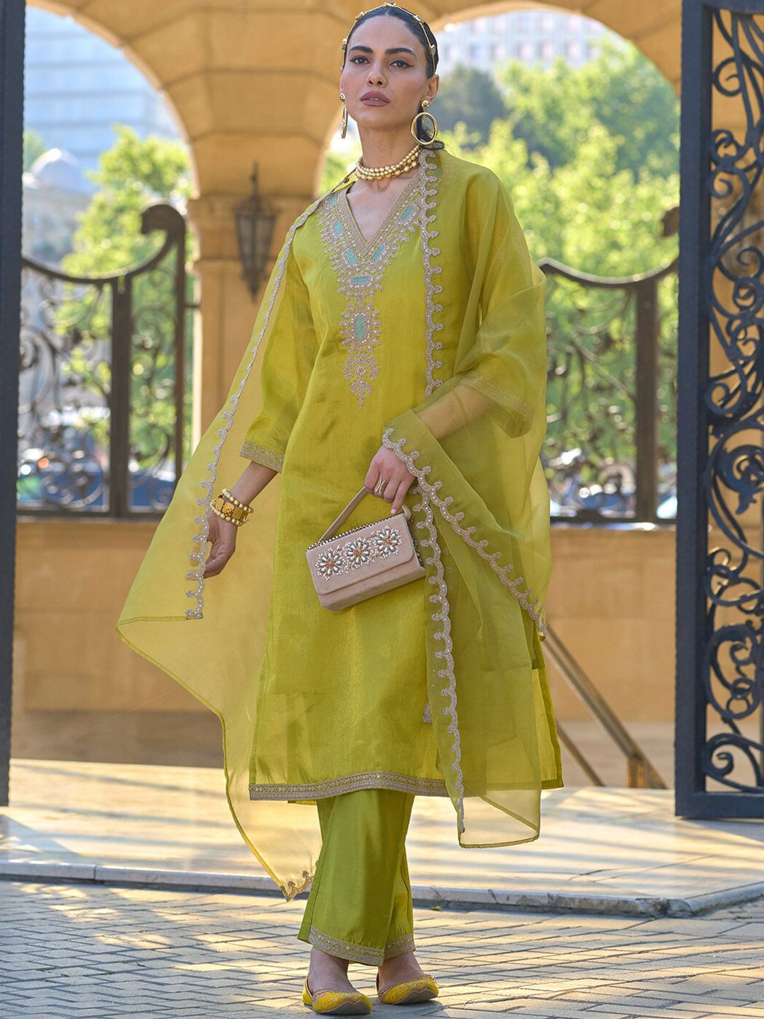 Lemon Luxe Embroidered Georgette Suit Set