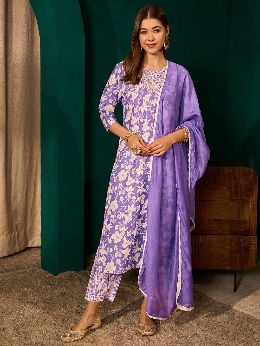 Lavender Rayon Embroidered Kurta Set