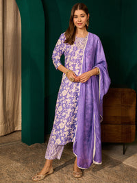 Lavender Rayon Embroidered Kurta Set
