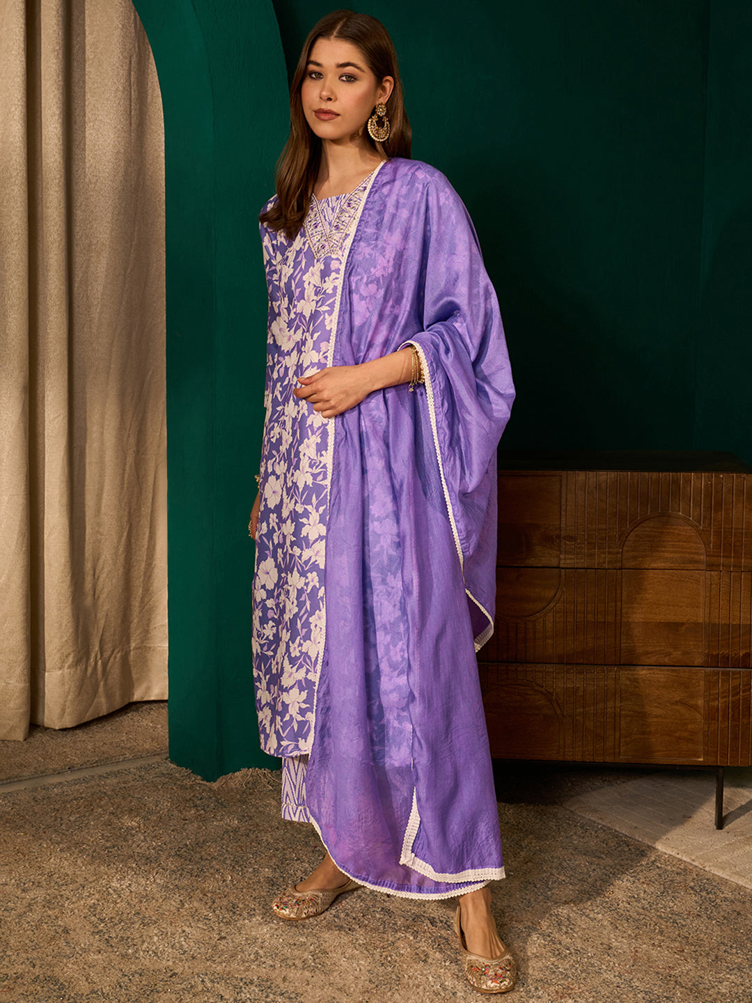 Lavender Rayon Embroidered Kurta Set