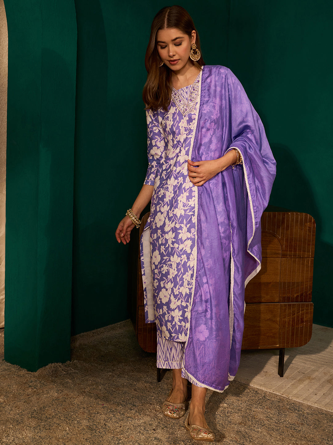 Lavender Rayon Embroidered Kurta Set
