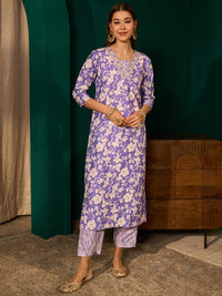 Lavender Rayon Embroidered Kurta Set