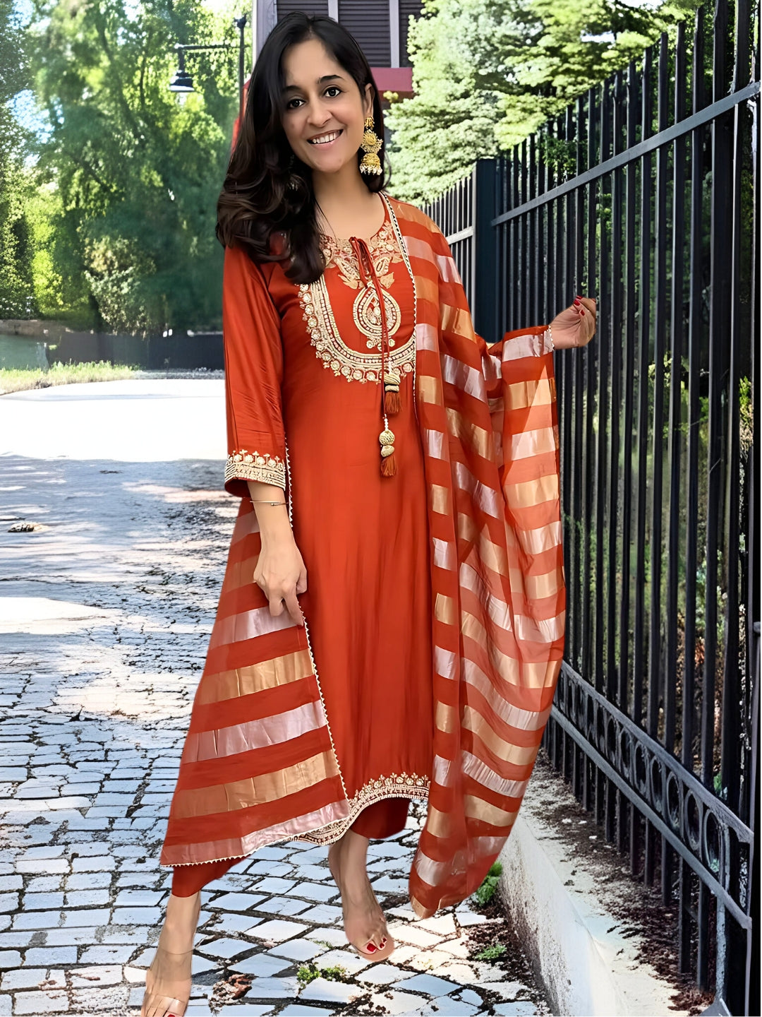 Orange Chanderi Silk Embroidered Kurta Set