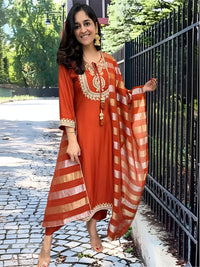 Orange Chanderi Silk Embroidered Kurta Set
