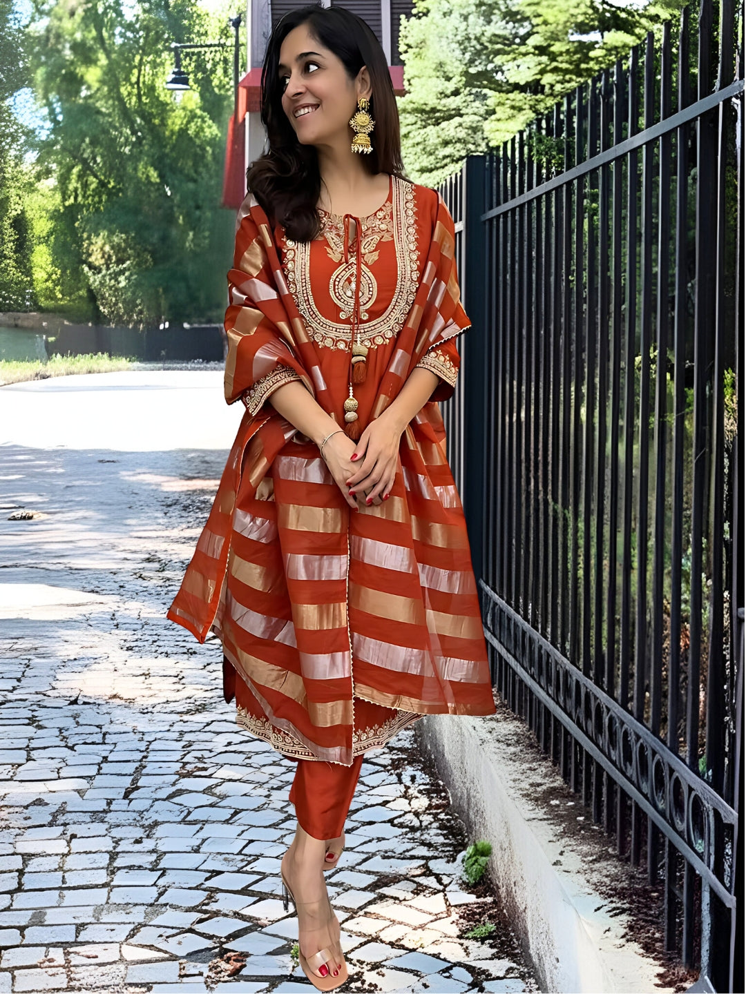 Orange Chanderi Silk Embroidered Kurta Set