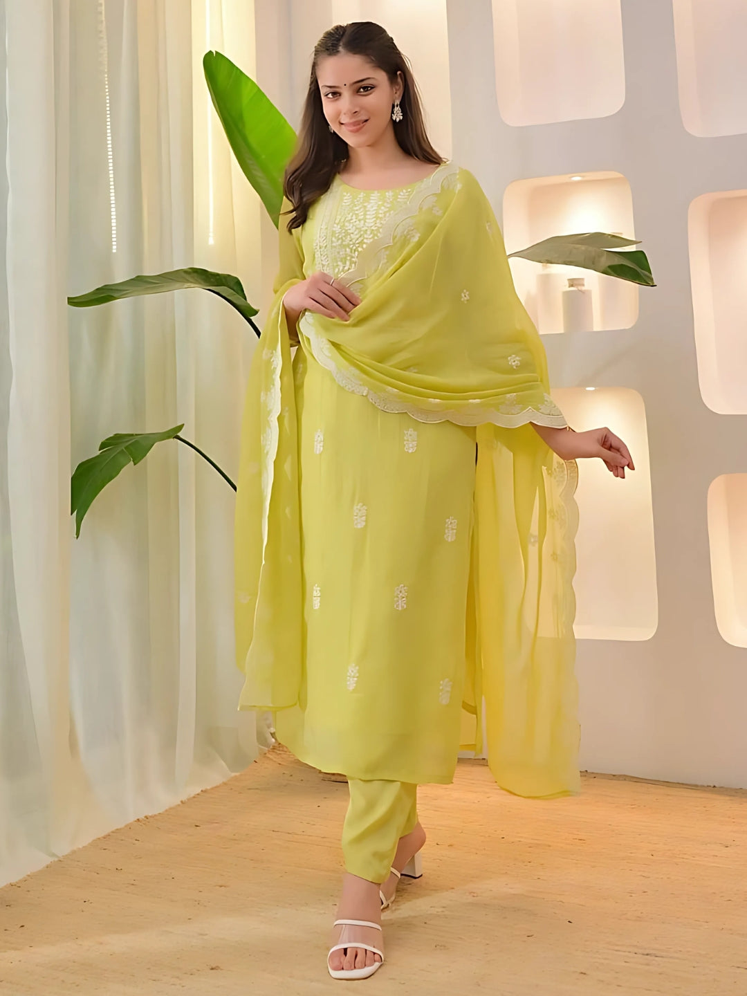 Lemon Silk Blend Embroidered Kurta Set