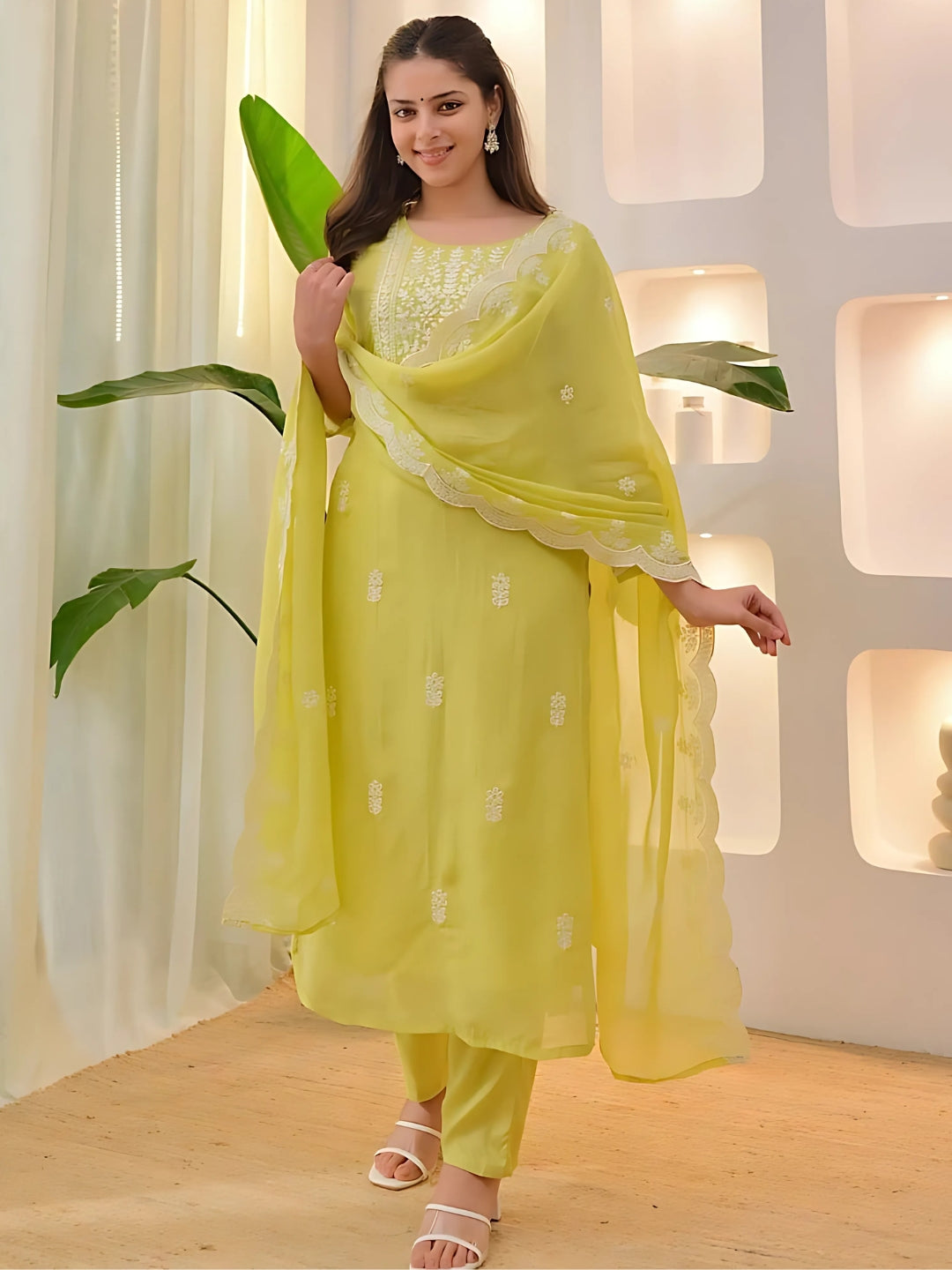 Lemon Silk Blend Embroidered Kurta Set