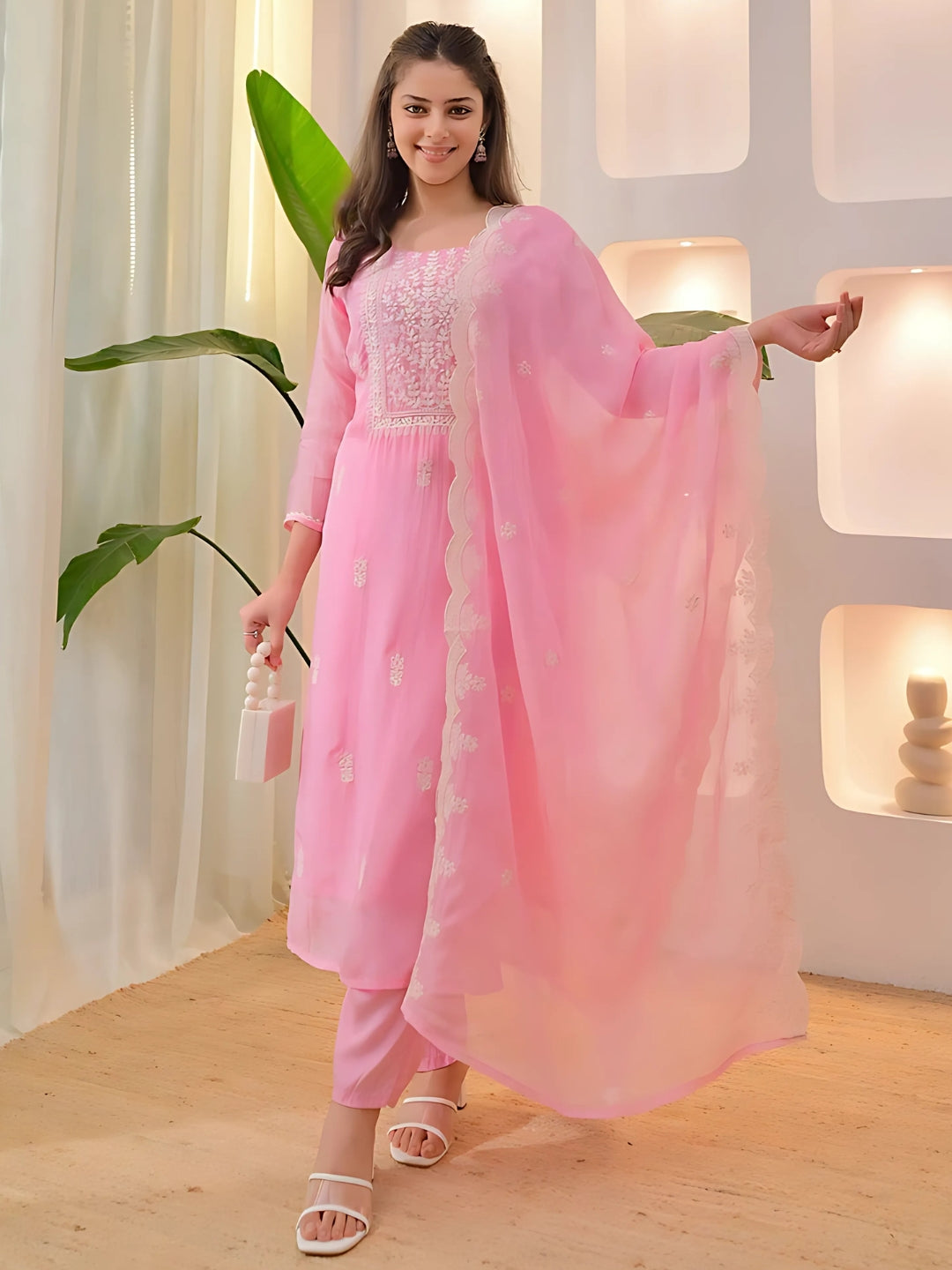 Pink Silk Blend Embroidered Kurta Set
