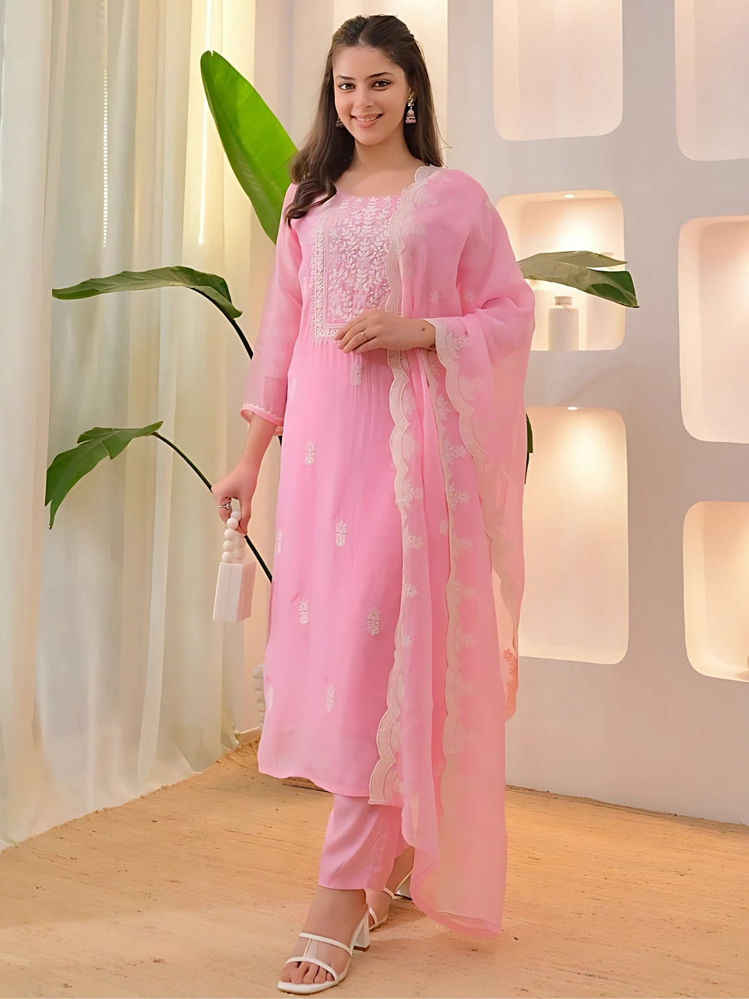 Pink Silk Blend Embroidered Kurta Set