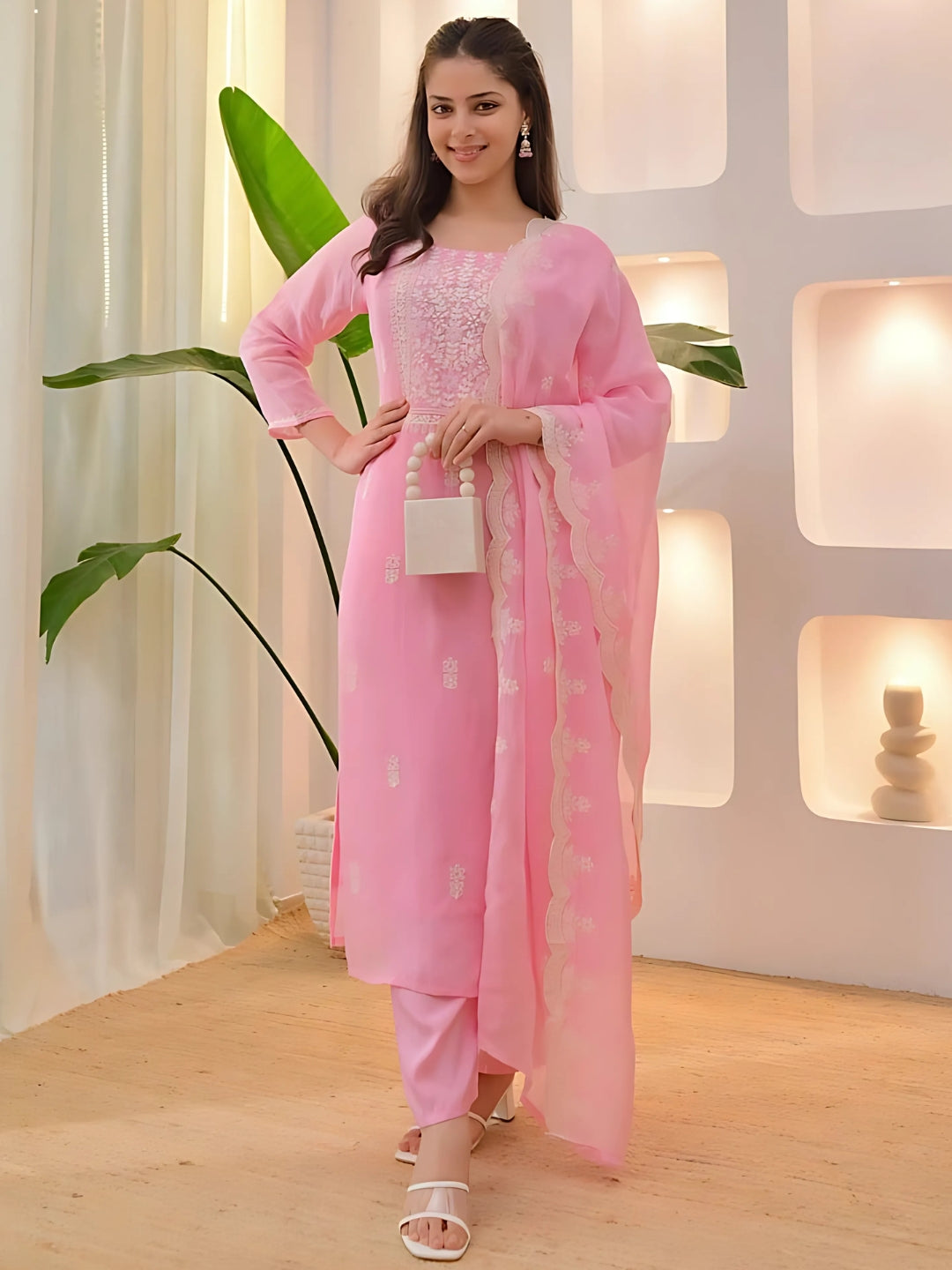 Pink Silk Blend Embroidered Kurta Set
