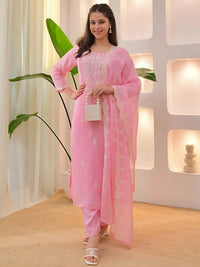 Pink Silk Blend Embroidered Kurta Set