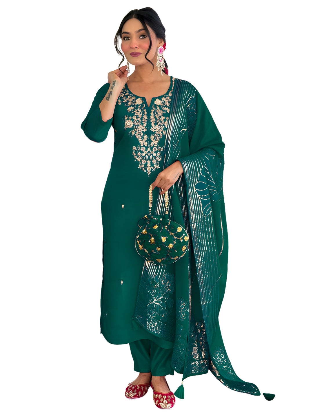 Green Viscose Chanderi Embroidered Kurta Set