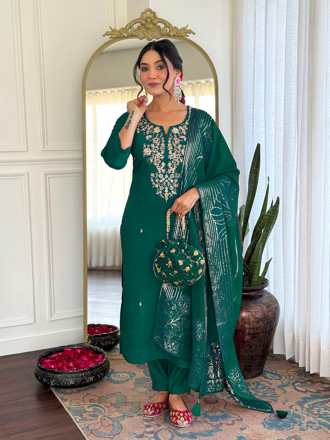 Green Viscose Chanderi Embroidered Kurta Set