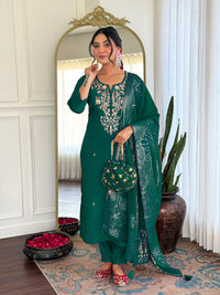 Green Viscose Chanderi Embroidered Kurta Set