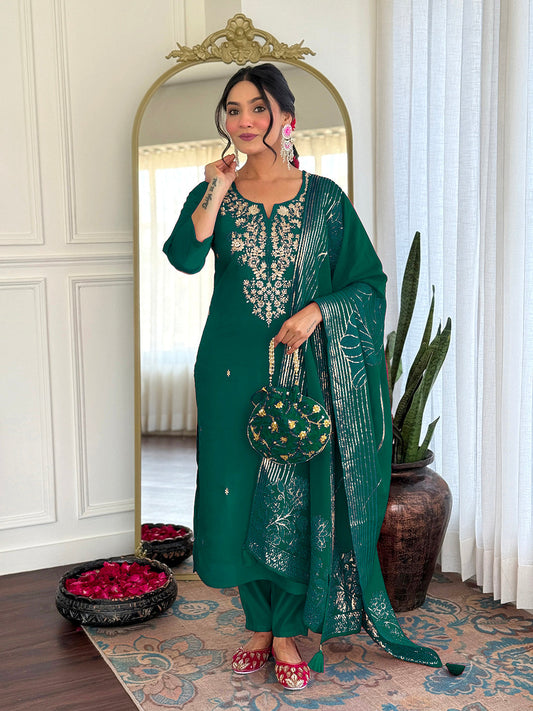 Green Viscose Chanderi Embroidered Kurta Set