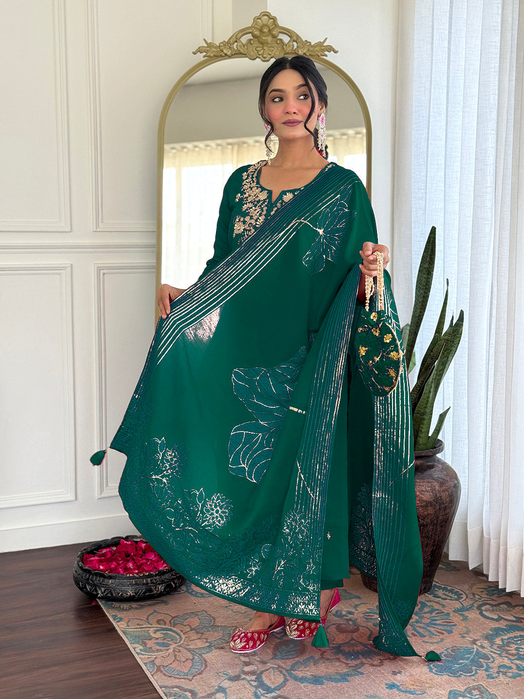 Green Viscose Chanderi Embroidered Kurta Set