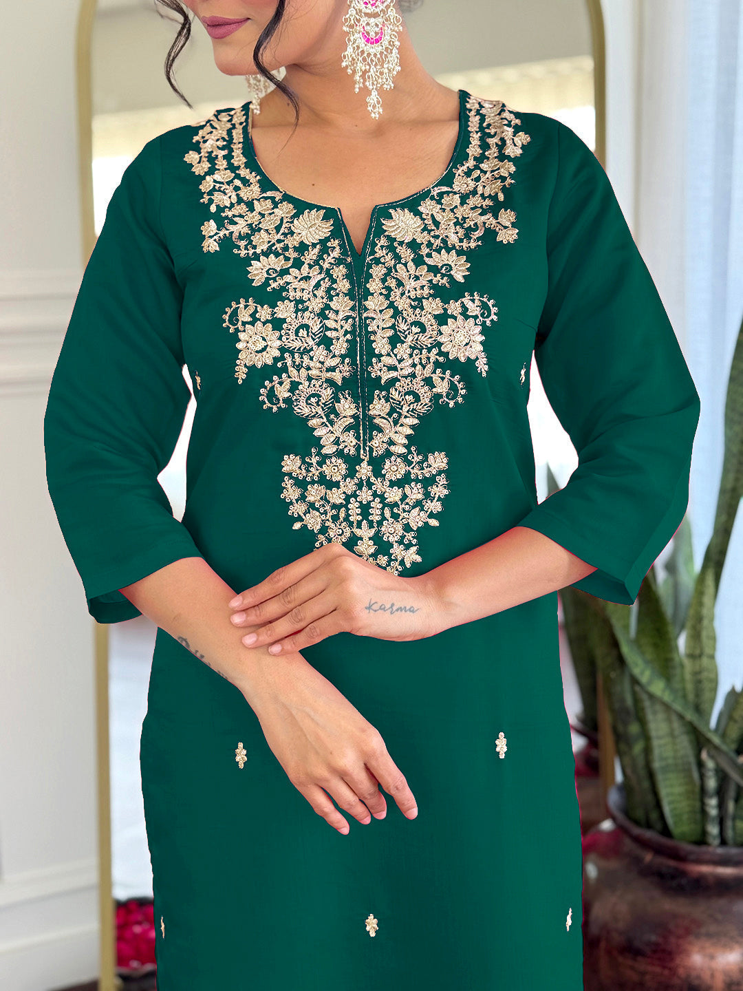 Green Viscose Chanderi Embroidered Kurta Set