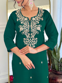 Green Viscose Chanderi Embroidered Kurta Set