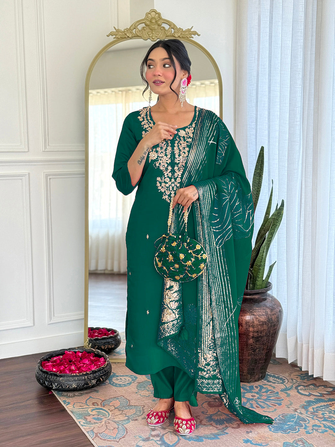 Green Viscose Chanderi Embroidered Kurta Set