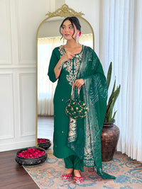 Green Viscose Chanderi Embroidered Kurta Set