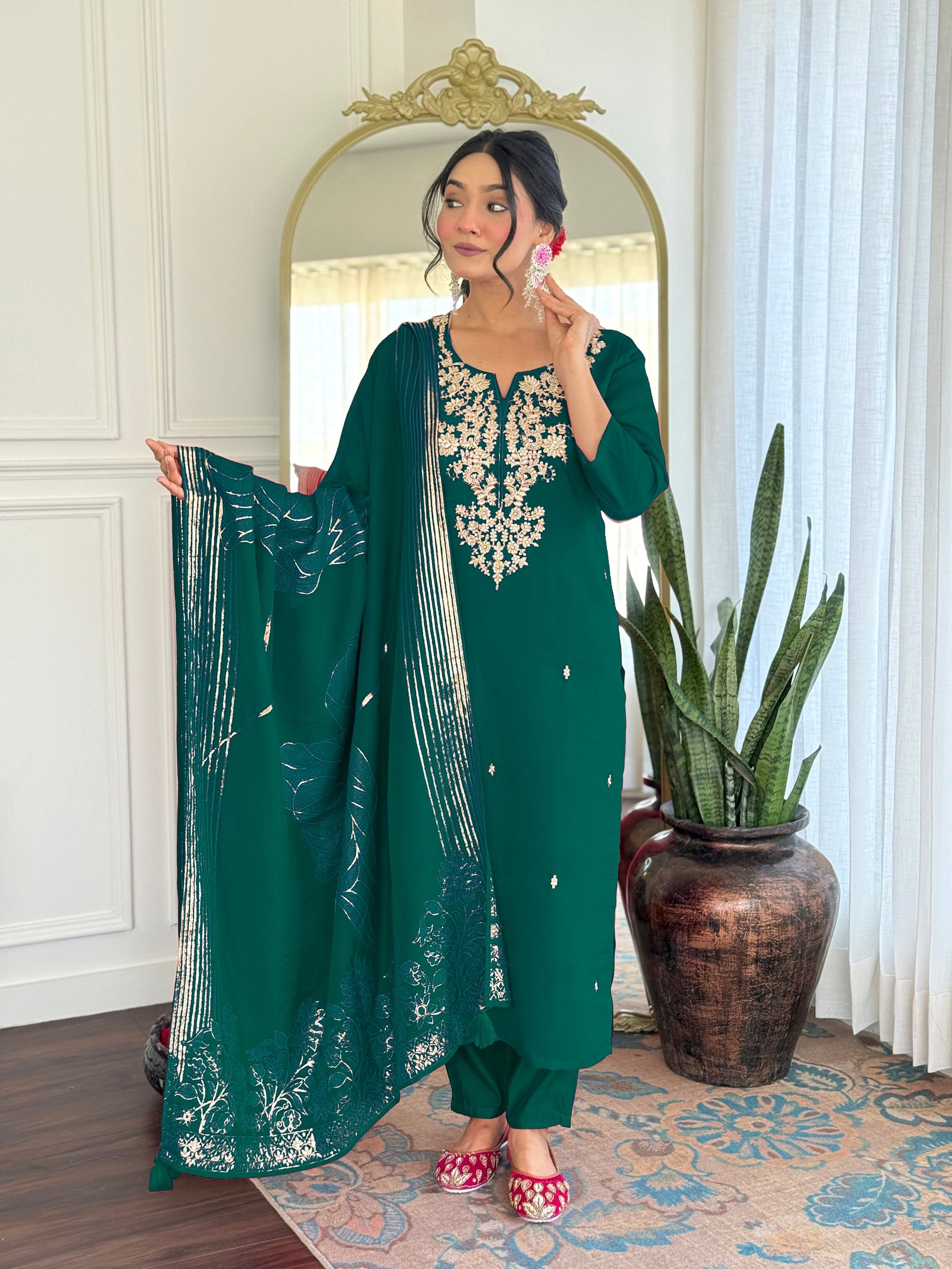 Green Viscose Chanderi Embroidered Kurta Set